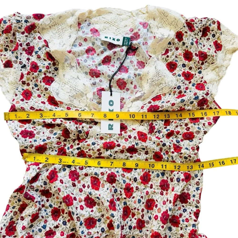 RIXO lace trimmed Floral Red and Cream miniDress NEW - Picture 11 of 15